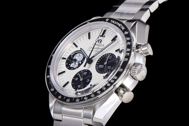 Top Omega Snoopy series men's white dial steel strap mechanical watch side view