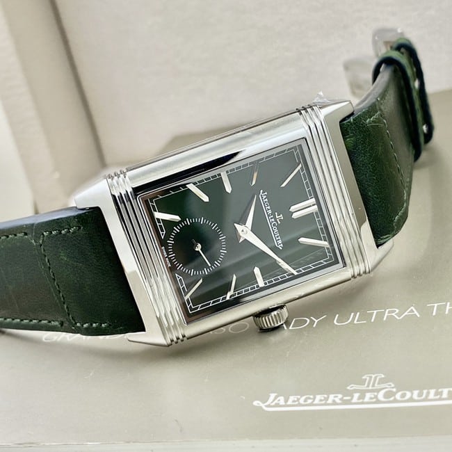 top-tier watch Jaeger-LeCoultre men's green dial green strap flip series manual winding leather strap watch front view