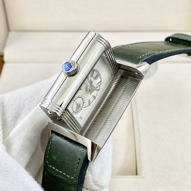top-tier watch Jaeger-LeCoultre men's green dial green strap flip series manual winding leather strap watch side view