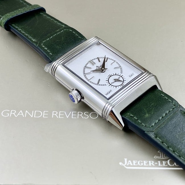 top-tier watch Jaeger-LeCoultre men's green dial green strap flip series manual winding leather strap watch front view
