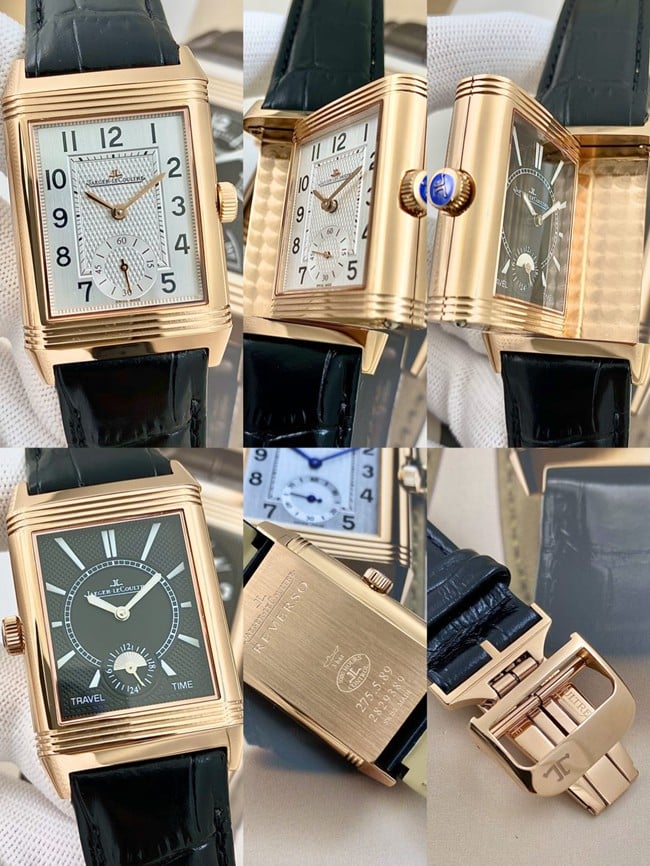 top-tier watch Jaeger-LeCoultre men's white dial black belt manual winding flip series leather strap watch detail shots