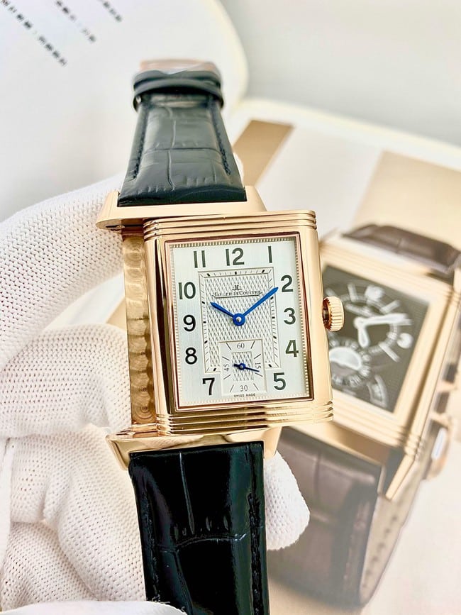 top-tier watch Jaeger-LeCoultre men's white dial flip series black belt manual winding watch front view