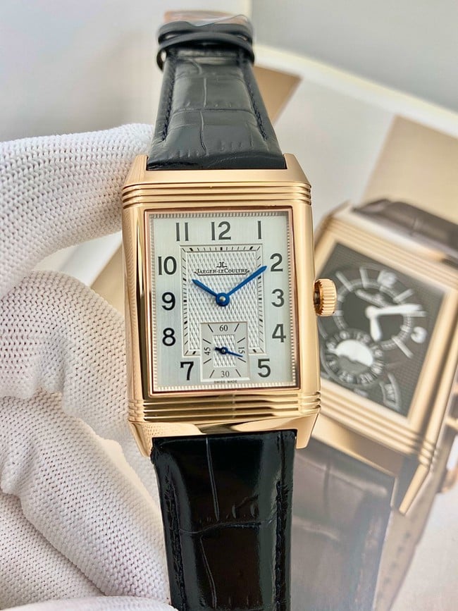 top-tier watch Jaeger-LeCoultre men's white dial flip series black belt manual winding watch front view
