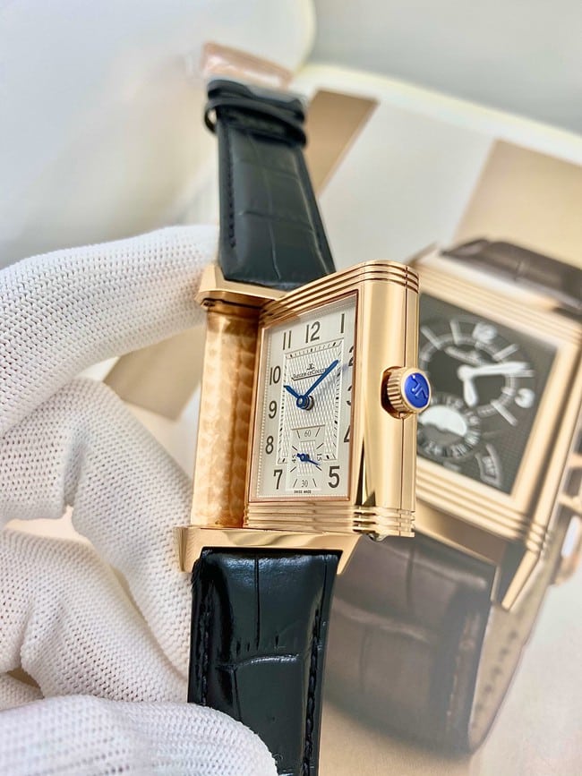 top-tier watch Jaeger-LeCoultre men's white dial flip series black belt manual winding watch side view