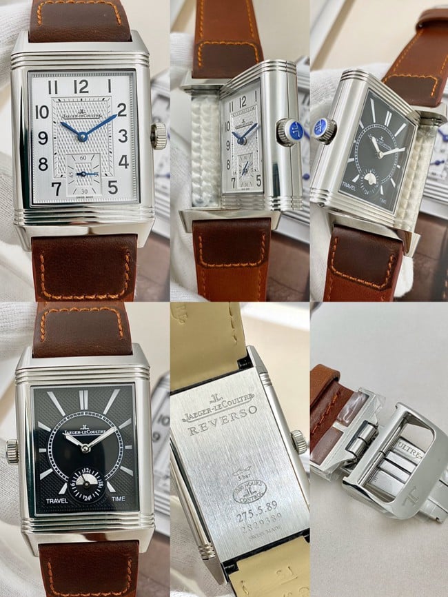 Jaeger-LeCoultretop-tier watch flip series manual winding white dial brown belt watch detail shots