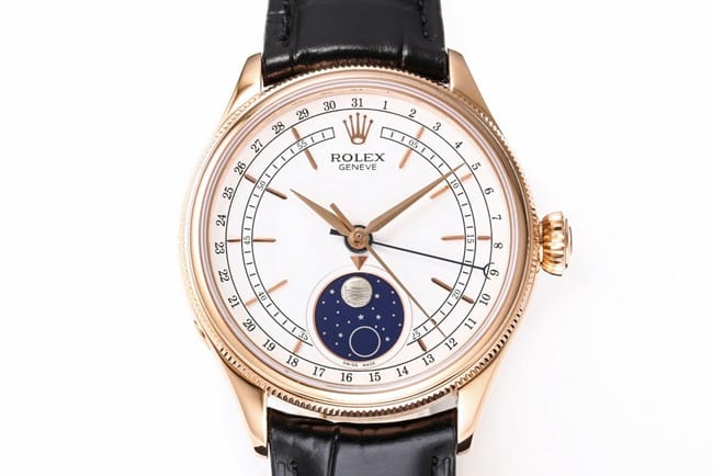 TWF factory top-tier watch Rolex men's white dial black belt Cellini series 50535 moon phaseleather strap watch front view
