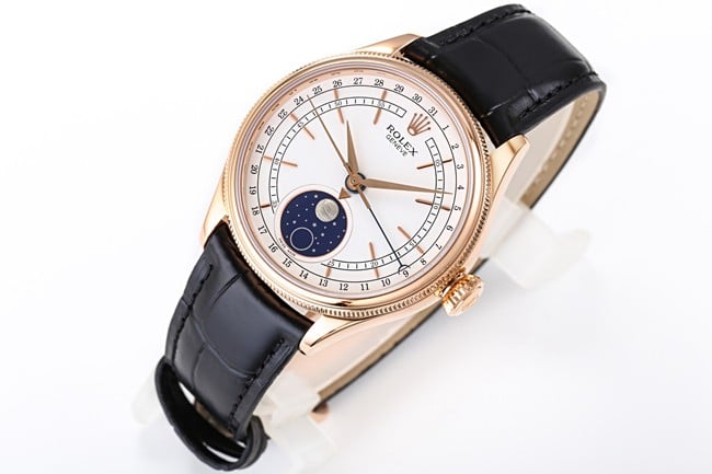 TWF factory top-tier watch Rolex men's white dial black belt Cellini series 50535 moon phaseleather strap watch front view