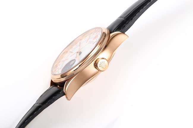 TWF factory top-tier watch Rolex men's white dial black belt Cellini series 50535 moon phaseleather strap watch side view