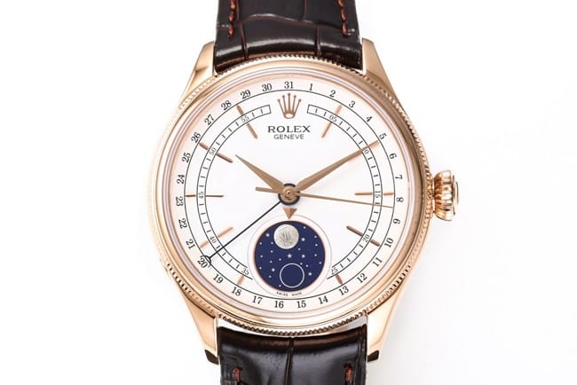 TWF factory Rolextop-tier watch men's white dial brown belt Cellini series 50535 moon phase watch front view