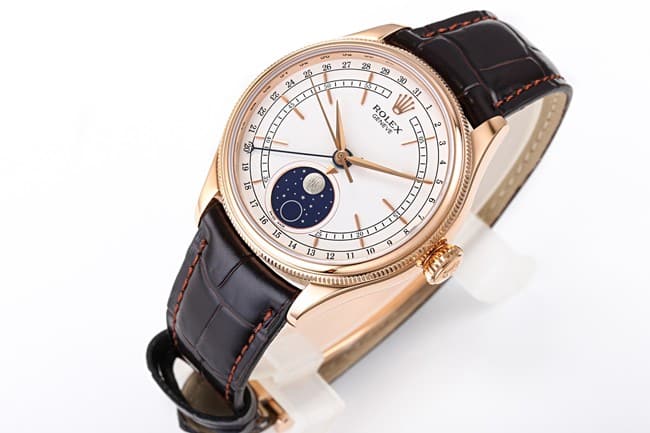 TWF factory Rolextop-tier watch men's white dial brown belt Cellini series 50535 moon phase watch front view