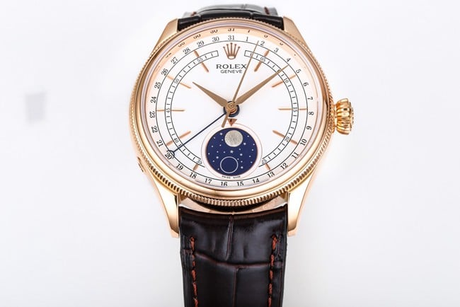 TWF factory Rolextop-tier watch men's white dial brown belt Cellini series 50535 moon phase watch front view