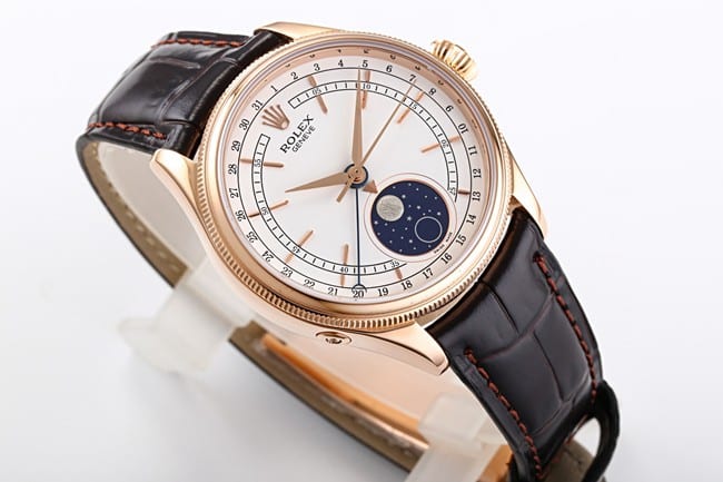 TWF factory Rolextop-tier watch men's white dial brown belt Cellini series 50535 moon phase watch front view