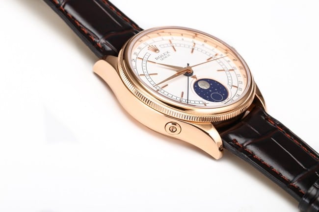 TWF factory Rolextop-tier watch men's white dial brown belt Cellini series 50535 moon phase watch side view