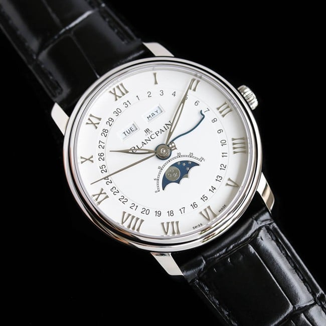 top-tier watch Blancpain men's white dial black belt villeret classic 6654moon phase display series leather strap watch front view