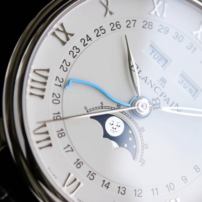 top-tier watch Blancpain men's white dial black belt villeret classic 6654moon phase display series leather strap watch detail shots