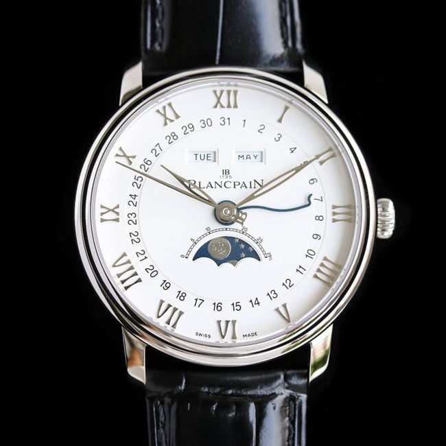 top-tier watch Blancpain men's white dial black belt villeret classic 6654moon phase display series leather strap watch front view