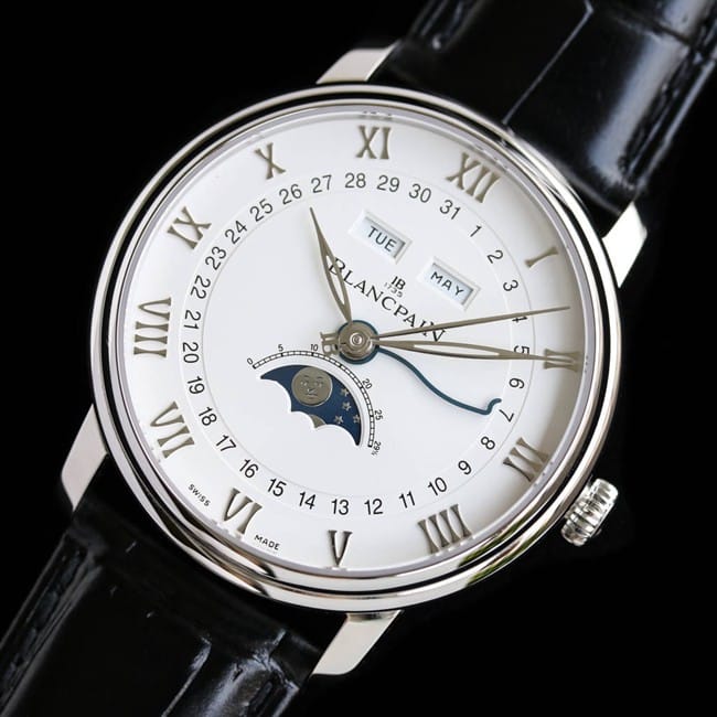 top-tier watch Blancpain men's white dial black belt villeret classic 6654moon phase display series leather strap watch front view
