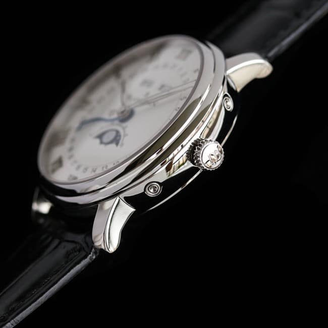 top-tier watch Blancpain men's white dial black belt villeret classic 6654moon phase display series leather strap watch side view