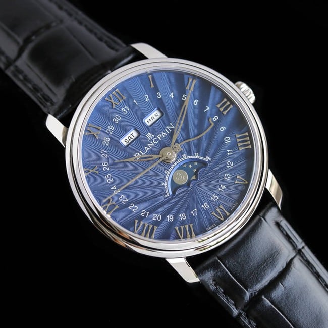 Blancpaintop-tier watchvilleret classic 6654moon phase display series men's blue dial black belt watch front view
