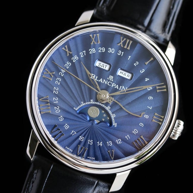 Blancpaintop-tier watchvilleret classic 6654moon phase display series men's blue dial black belt watch front view
