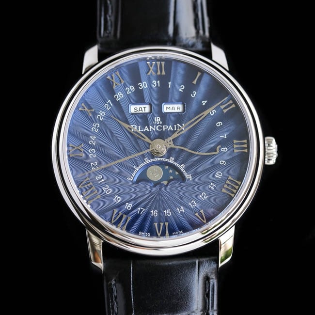 Blancpaintop-tier watchvilleret classic 6654moon phase display series men's blue dial black belt watch front view