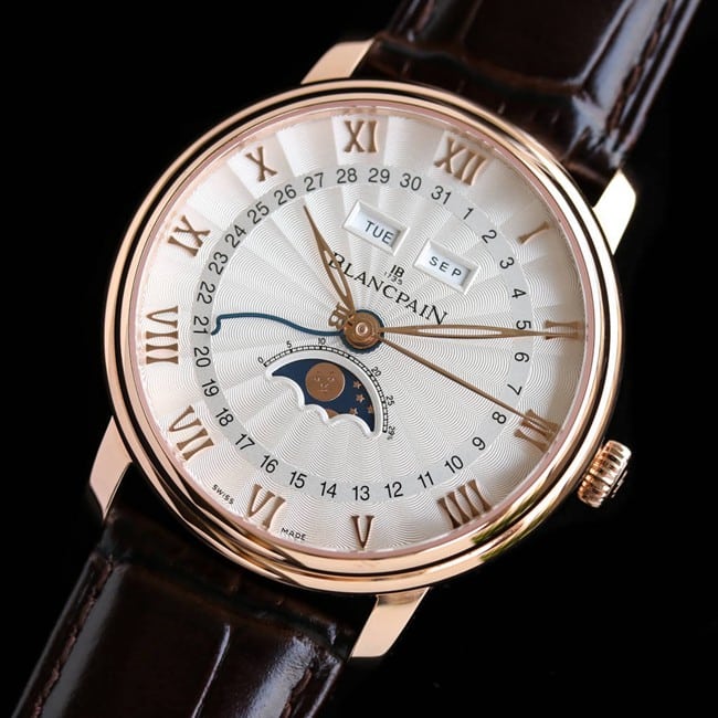 Blancpain top watch classic 6654 moon phase display series men's white dial brown strap watch front view