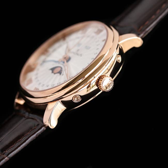 Blancpain top watch classic 6654 moon phase display series men's white dial brown strap watch side view