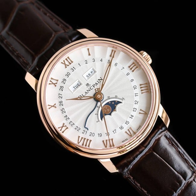 Blancpain top watch classic 6654 moon phase display series men's white dial brown strap watch front view