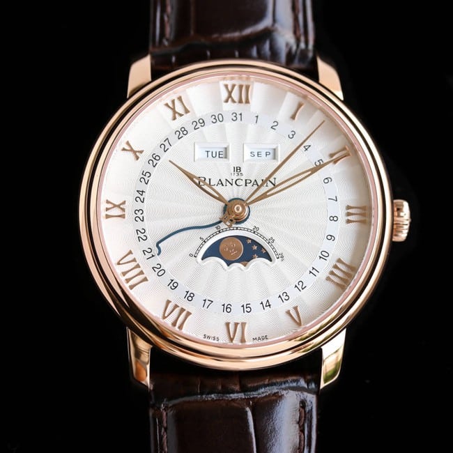Blancpain top watch classic 6654 moon phase display series men's white dial brown strap watch front view