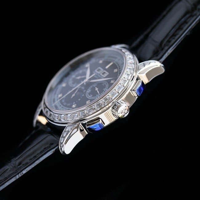 PFF factory top-tier watch Patek Philippe men's black dial black belt super complex function chronograph series leather strap watch side view