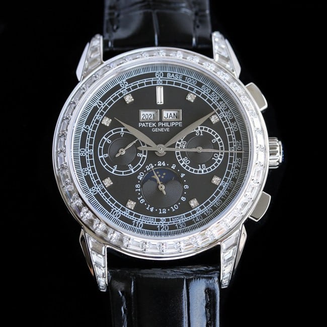 PFF factory top-tier watch Patek Philippe men's black dial black belt super complex function chronograph series leather strap watch front view