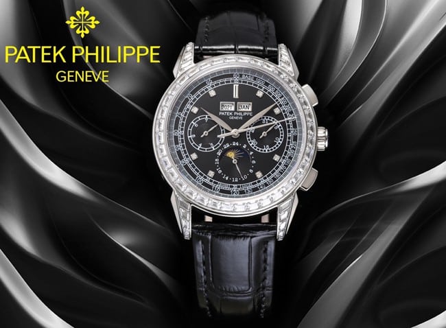 PFF factory top-tier watch Patek Philippe men's black dial black belt super complex function chronograph series leather strap watch front view