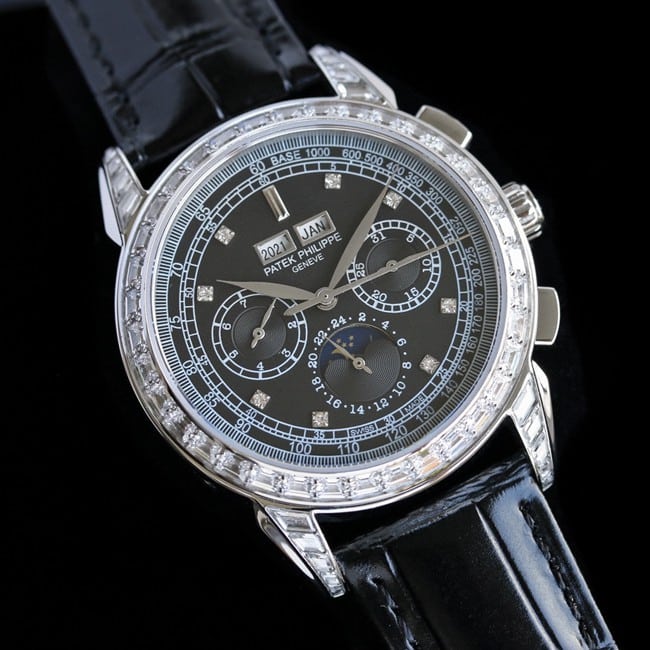 PFF factory top-tier watch Patek Philippe men's black dial black belt super complex function chronograph series leather strap watch front view