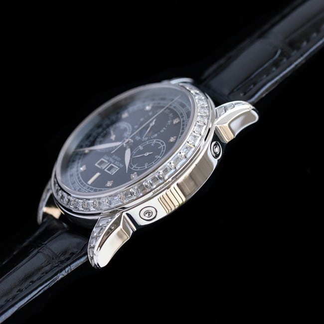 PFF factory top-tier watch Patek Philippe men's black dial black belt super complex function chronograph series leather strap watch side view