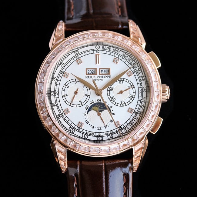 PFF factory Patek Philippetop-tier watch super complex function chronograph series men's white dial brown belt watch front view