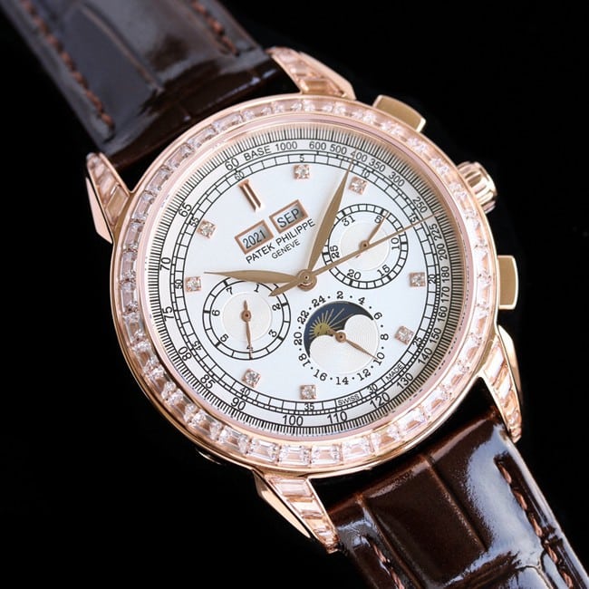 PFF factory Patek Philippetop-tier watch super complex function chronograph series men's white dial brown belt watch front view