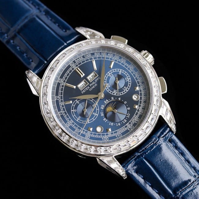 PFF factory top-tier replicaPatek Philippe super complex function chronograph series men's blue dial blue belt mechanical watch front view