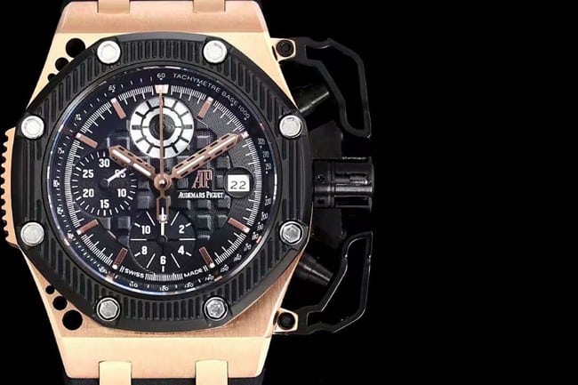 top-tier watch Audemars PiguetRoyal Oak offshore self-winding chronograph men's black dialrubber strap watch detail shots