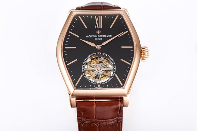 VCR factory top-tier watch Vacheron Constantin men's black dial brown belt Maltese tourbillon series mechanical watch front view