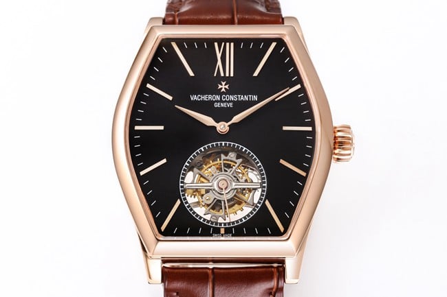 VCR factory top-tier watch Vacheron Constantin men's black dial brown belt Maltese tourbillon series mechanical watch front view