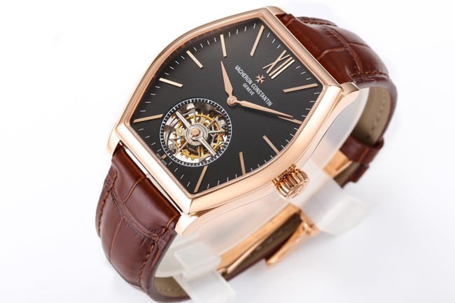 VCR factory top-tier watch Vacheron Constantin men's black dial brown belt Maltese tourbillon series mechanical watch front view
