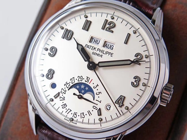 GS factory top-tier watch Patek Philippe men's white dial brown belt super complex function timepiece leather strap watch front view