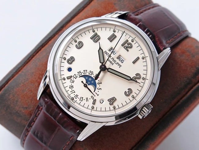 GS factory top-tier watch Patek Philippe men's white dial brown belt super complex function timepiece leather strap watch front view