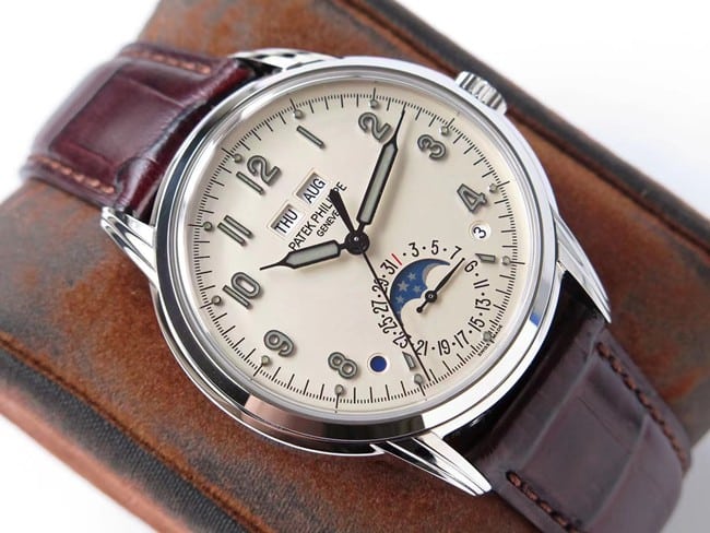 GS factory top-tier watch Patek Philippe men's white dial brown belt super complex function timepiece leather strap watch front view