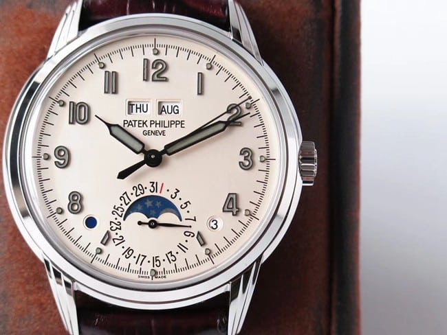 GS factory top-tier watch Patek Philippe men's white dial brown belt super complex function timepiece leather strap watch detail shots