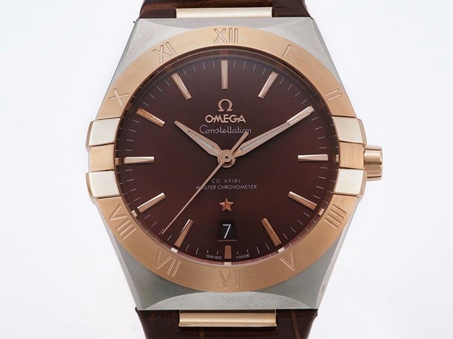 TW factory top-tier watch Omega men's brown plate brown belt constellation series leather strap watch front view