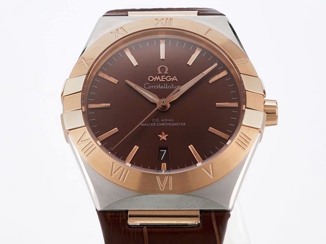 TW factory top-tier watch Omega men's brown plate brown belt constellation series leather strap watch front view