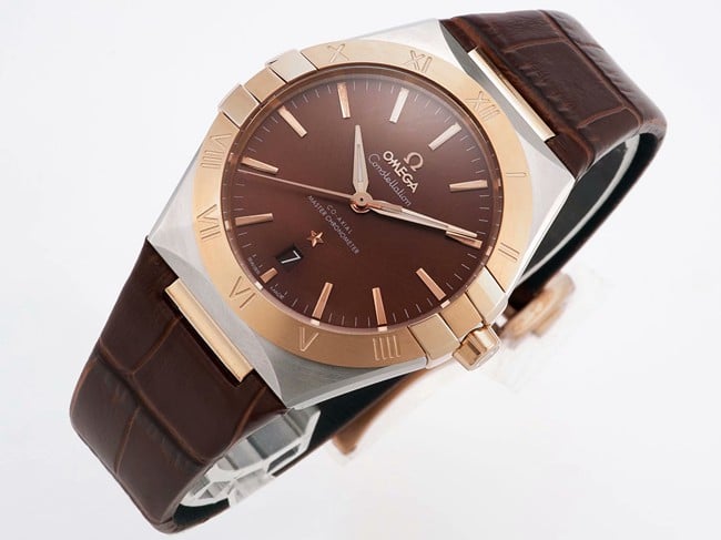 TW factory top-tier watch Omega men's brown plate brown belt constellation series leather strap watch front view