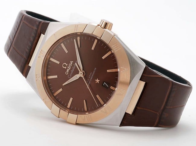 TW factory top-tier watch Omega men's brown plate brown belt constellation series leather strap watch front view