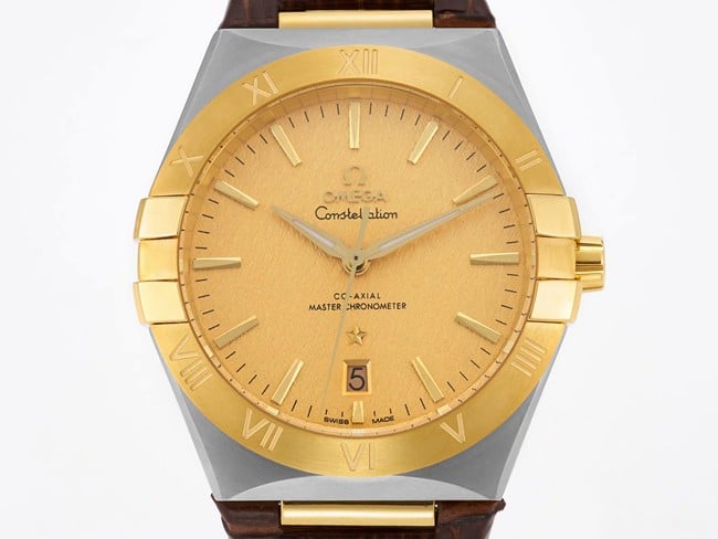 TW factory Omegatop-tier watch Constellation series men's gold plate brown band watch front view